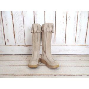Tan suede leather fringe tall wedge boots